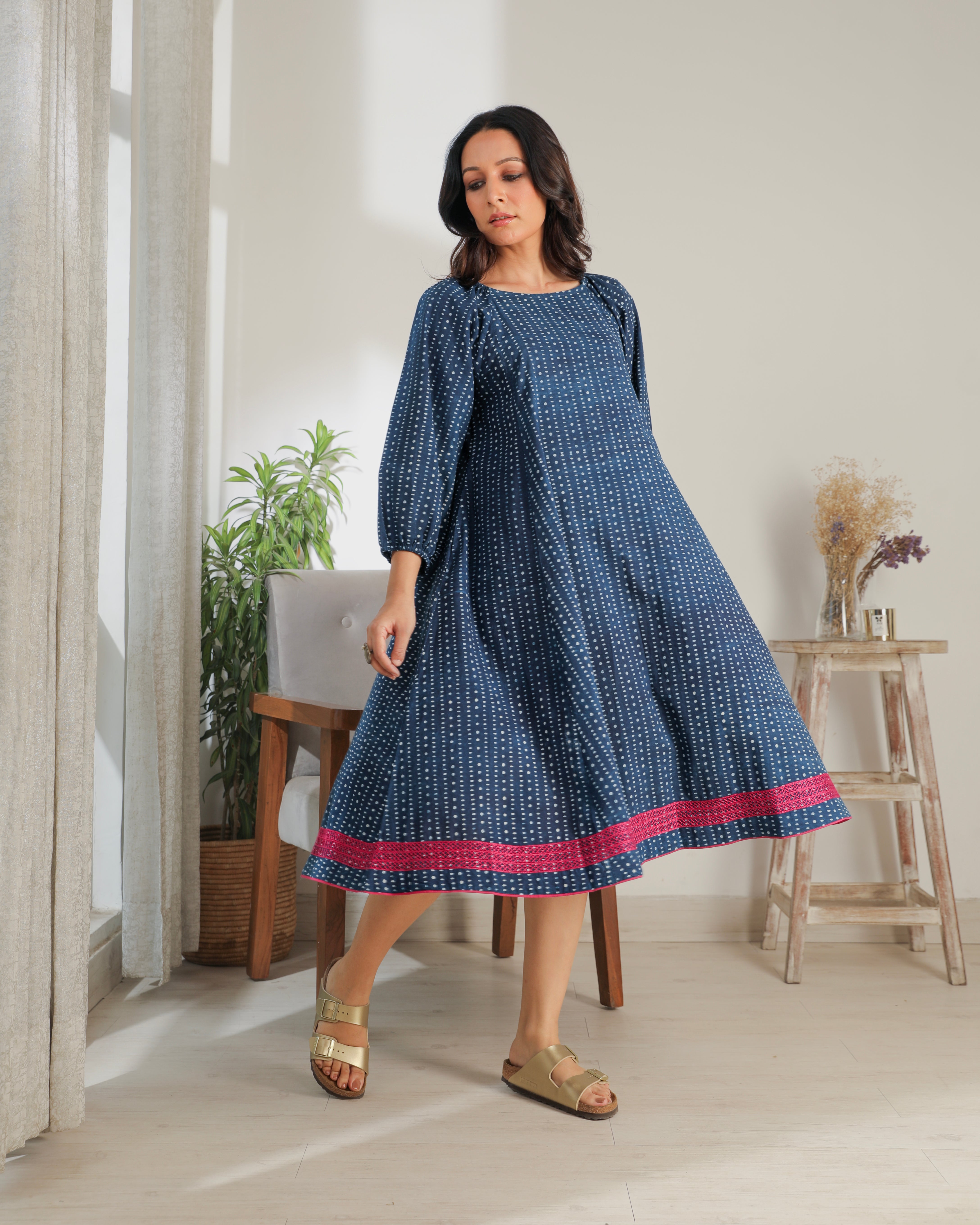 Chaaya Indigo Block Printed Dress With Raglan Sleeves