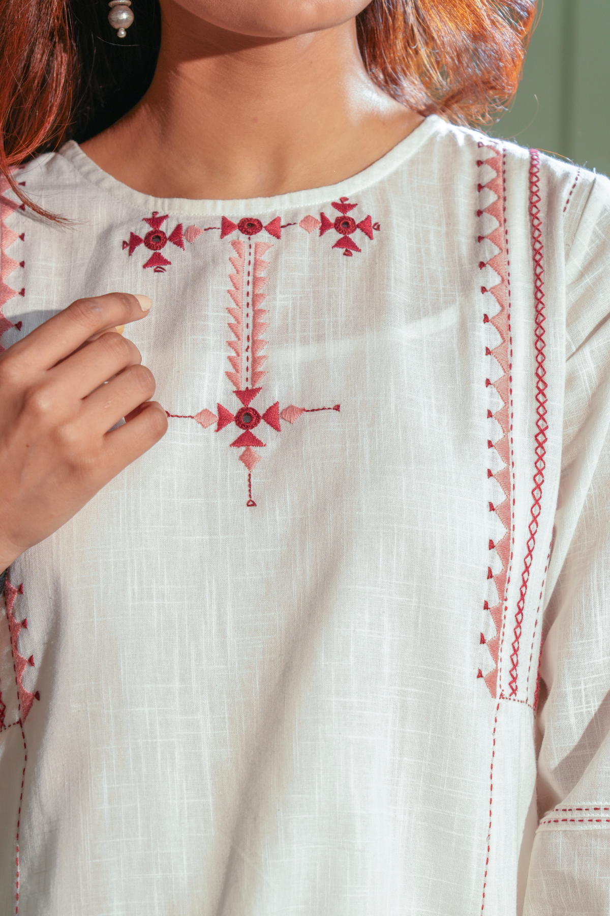 Dhwani White-Pink Flared Cotton Kurta With Soof Hand Embroidery