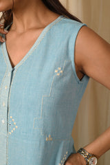 Baori Blue Hand Embroidered V Neck Sleeveless Dress