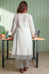 Dhwani White-Pink Flared Cotton Kurta With Soof Hand Embroidery