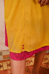 Saheli Double Layer Hand Embroidered Yellow Mulmul Cotton Kurta Dress With Printed Pink Slip