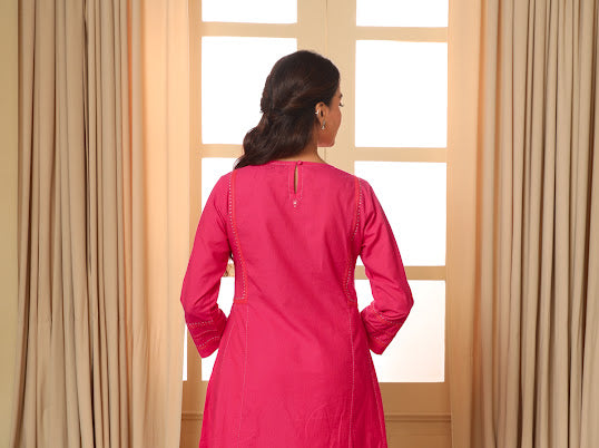 Aashvi Pink Kalidar Mangalgiri Cotton Kurta With Desert Hand Embroidery
