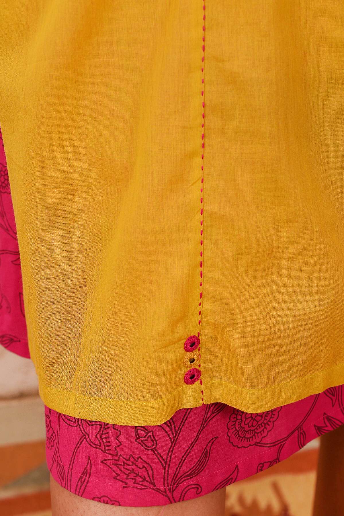 Saheli Double Layer Hand Embroidered Yellow Mulmul Cotton Kurta Dress With Printed Pink Slip