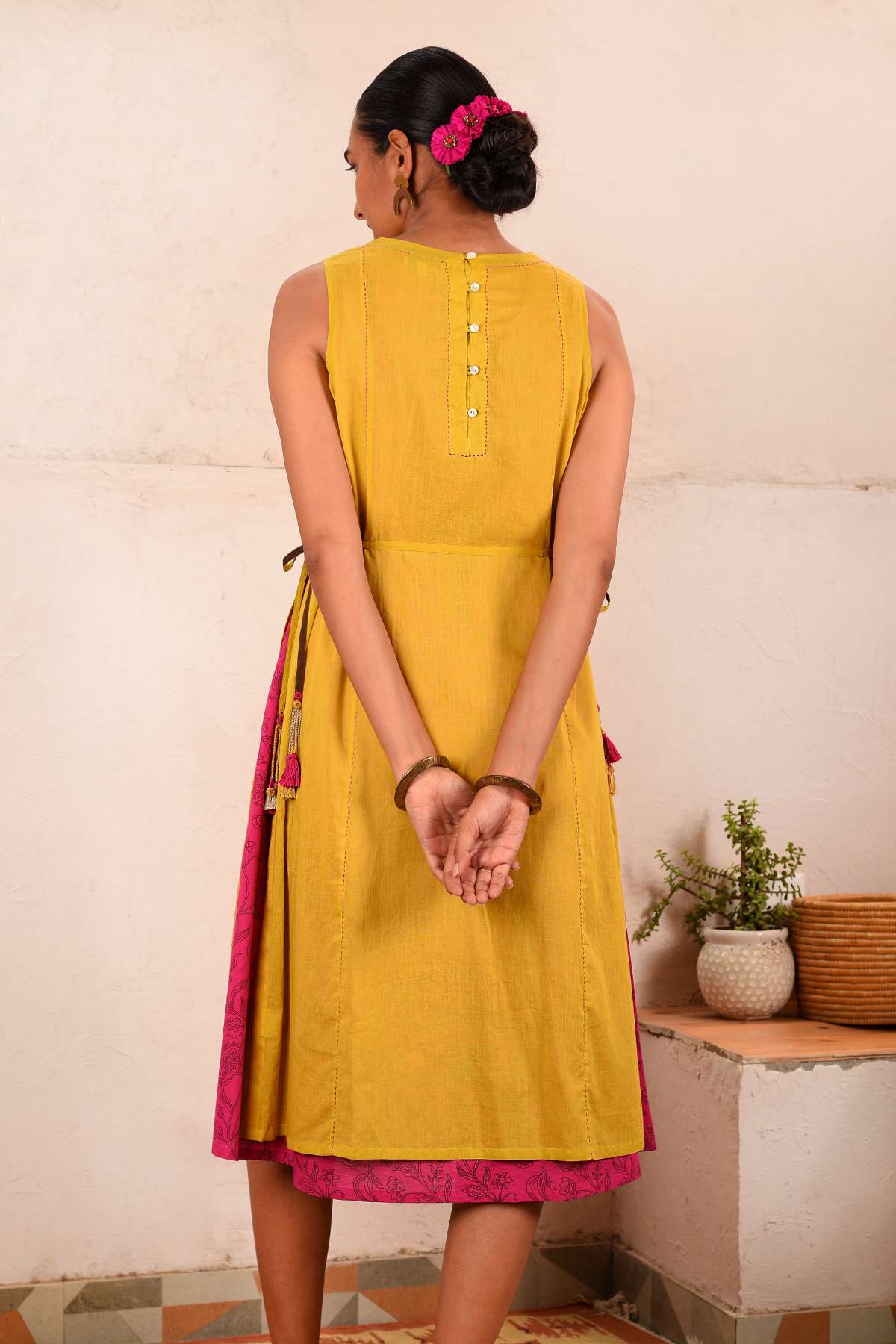 Saheli Double Layer Hand Embroidered Yellow Mulmul Cotton Kurta Dress With Printed Pink Slip