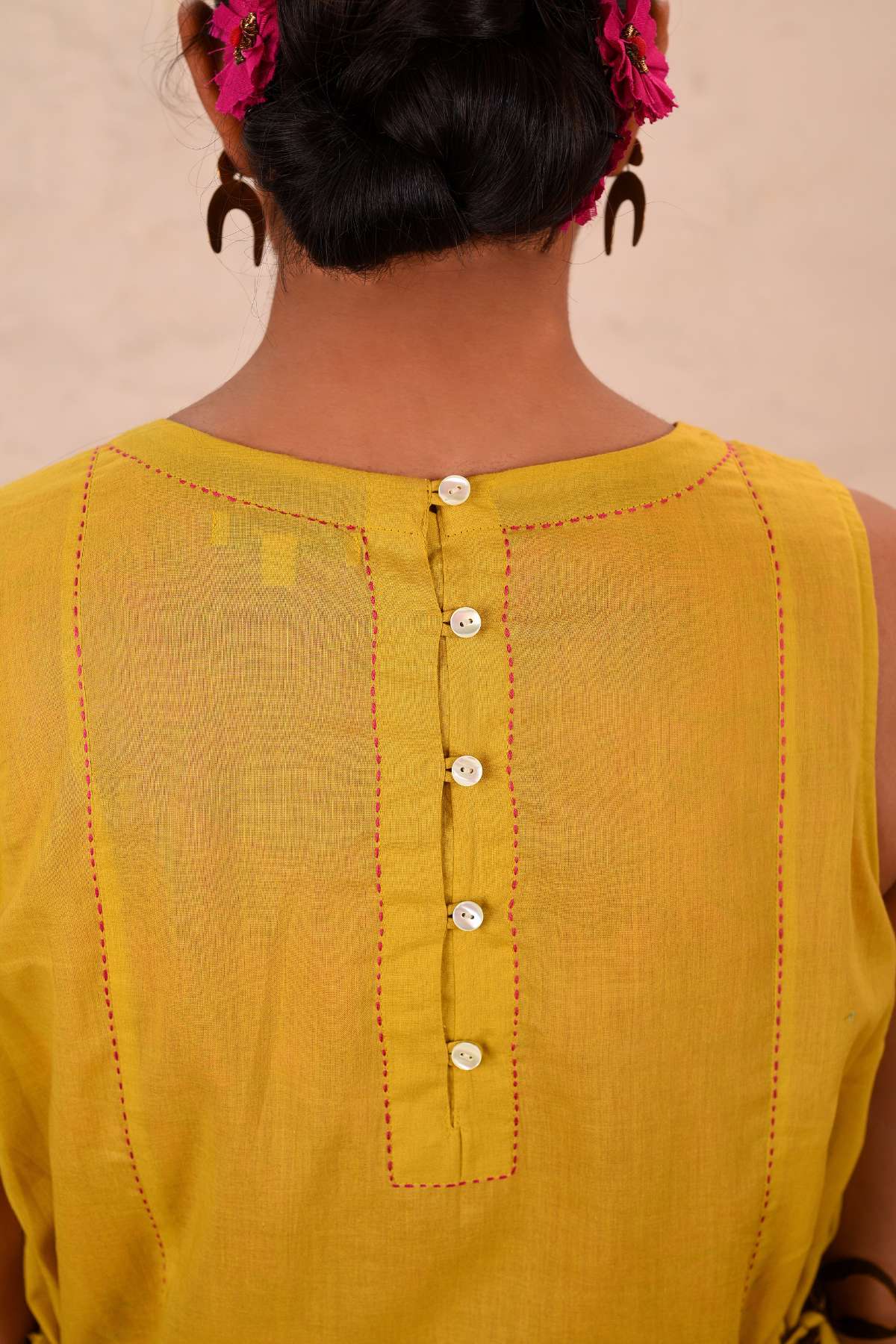 Saheli Double Layer Hand Embroidered Yellow Mulmul Cotton Kurta Dress With Printed Pink Slip