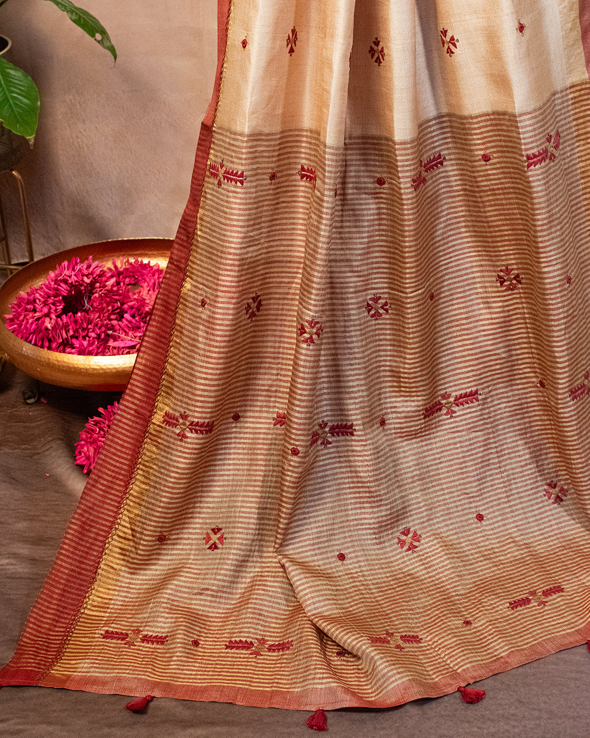 Badami Tussar Saree with Soof Hand Embroidery