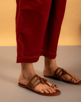 Paheli Maroon Straight-Fit Cotton Pant With Kantha Hand Embroidery