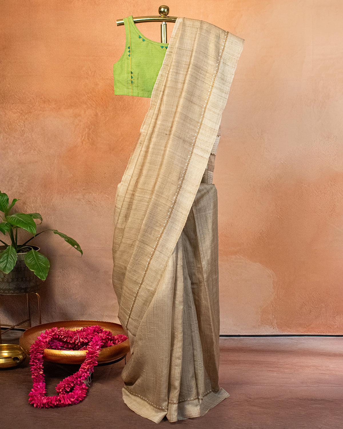 Beige Tussar Saree with Soof Hand Embroidery