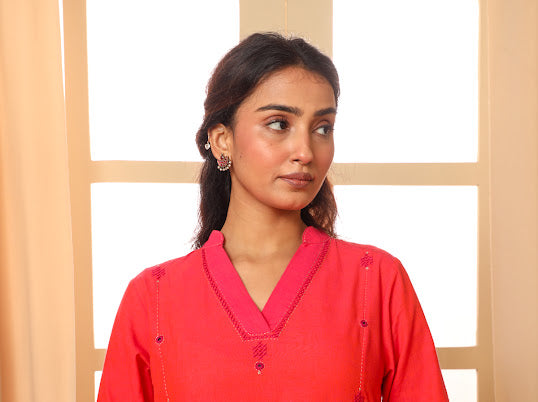 Aashvi Coral V-Neck Mangalgiri Cotton Kurta With Desert Hand Embroidery