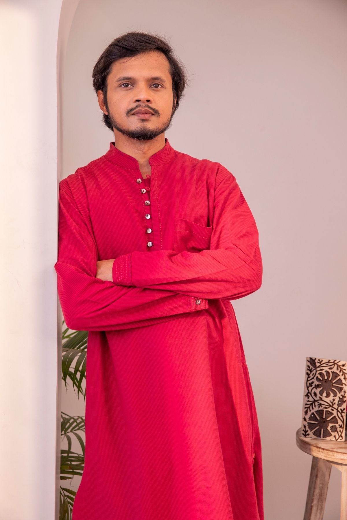 Haveli Chikankari Red Handwoven and Hand Embroidered Cotton Straight Fit Kurta For Men