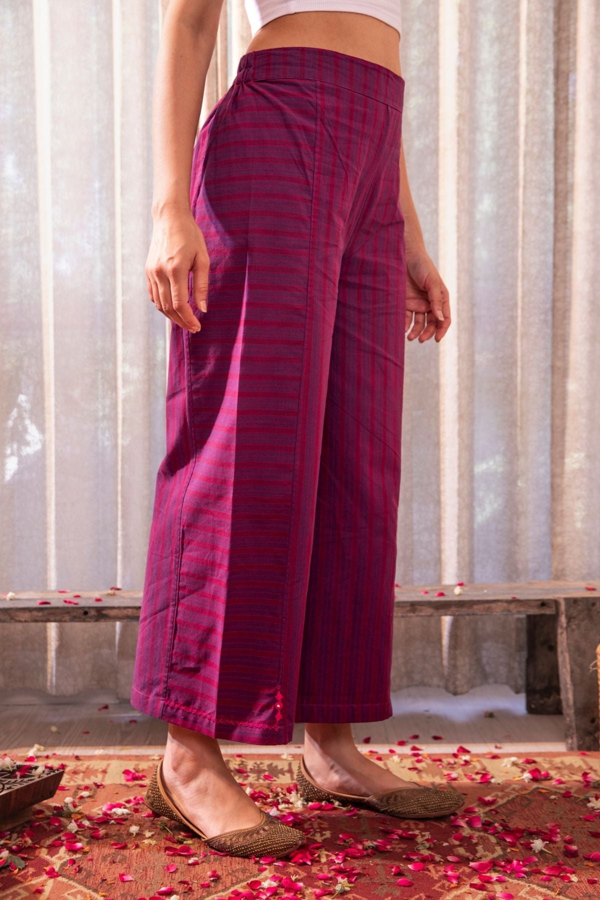 Haveli Soof Violet Striped Handwoven And Hand Embroidered Cotton Palazzo