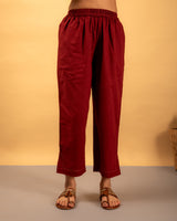 Paheli Maroon Straight-Fit Cotton Pant With Kantha Hand Embroidery