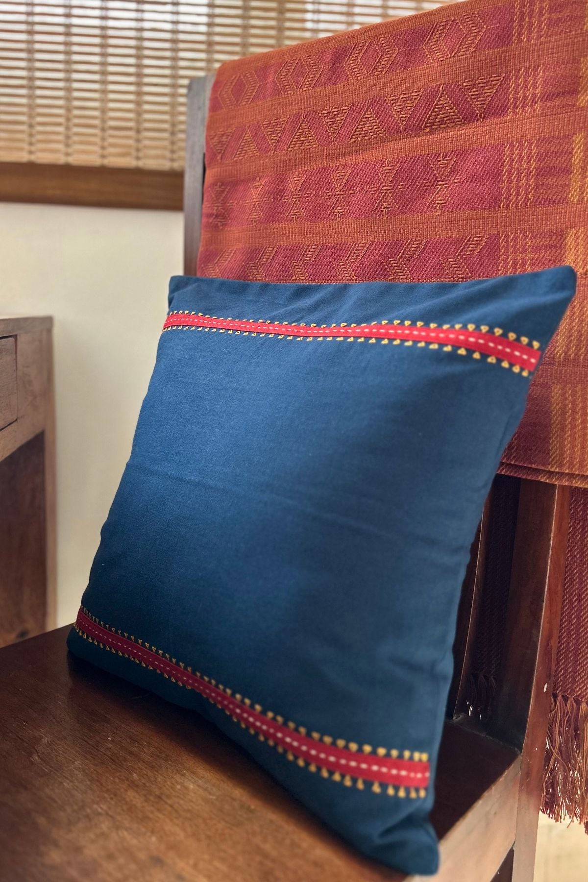 Eshna Blue Border Cushion Cover with Soof Hand Embroidery