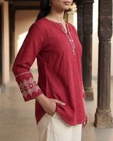 Dhwani Red Cotton Top With Dessert Hand Embroidery