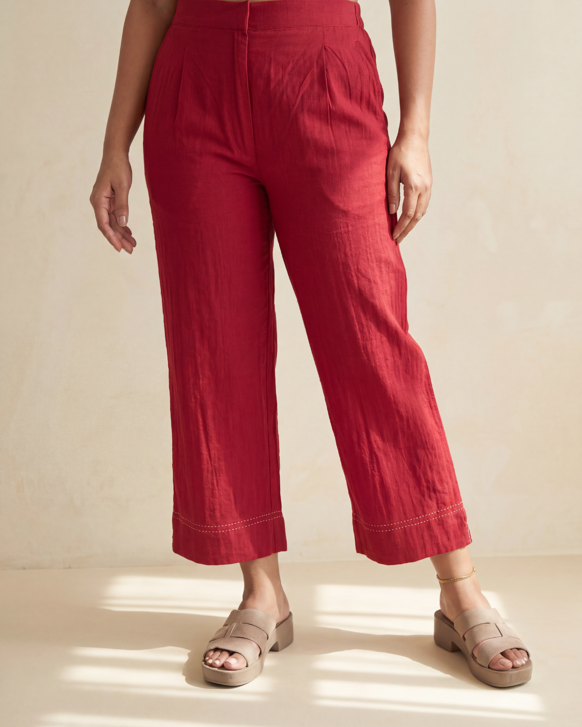 Dhwani Red Straight-Fit Cotton Pants With Dessert Hand Embroidery
