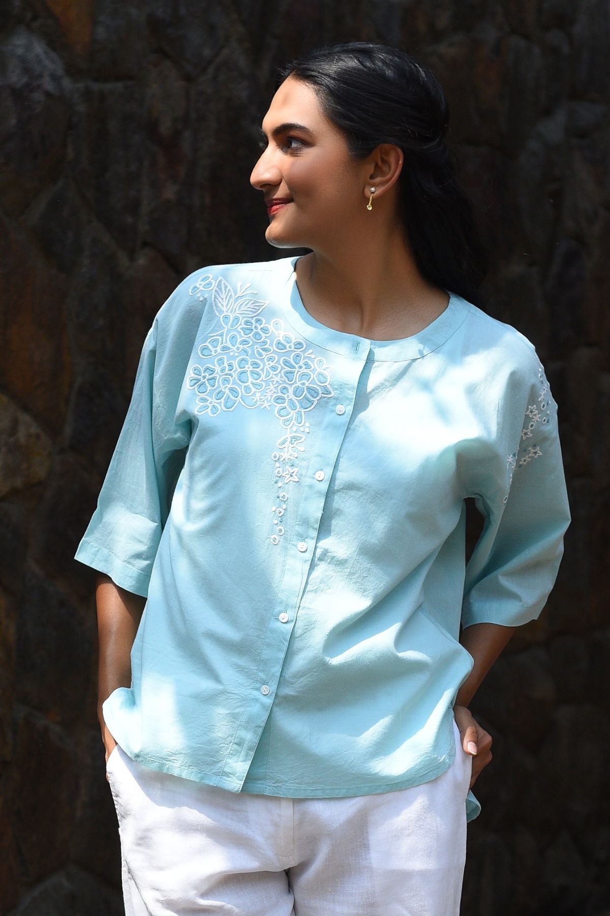 Nargis Blue Kashmiri Crewel Hand Embroidered  Cotton Top