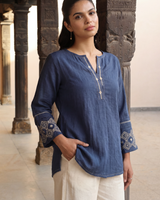 Dhwani Blue Cotton Top With Dessert Hand Embroidery