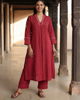 Dhwani Red A-Line Cotton Kurta With Dessert Hand Embroidery