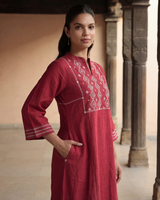 Dhwani Red Kalidaar Cotton Kurta With Dessert Hand Embroidery
