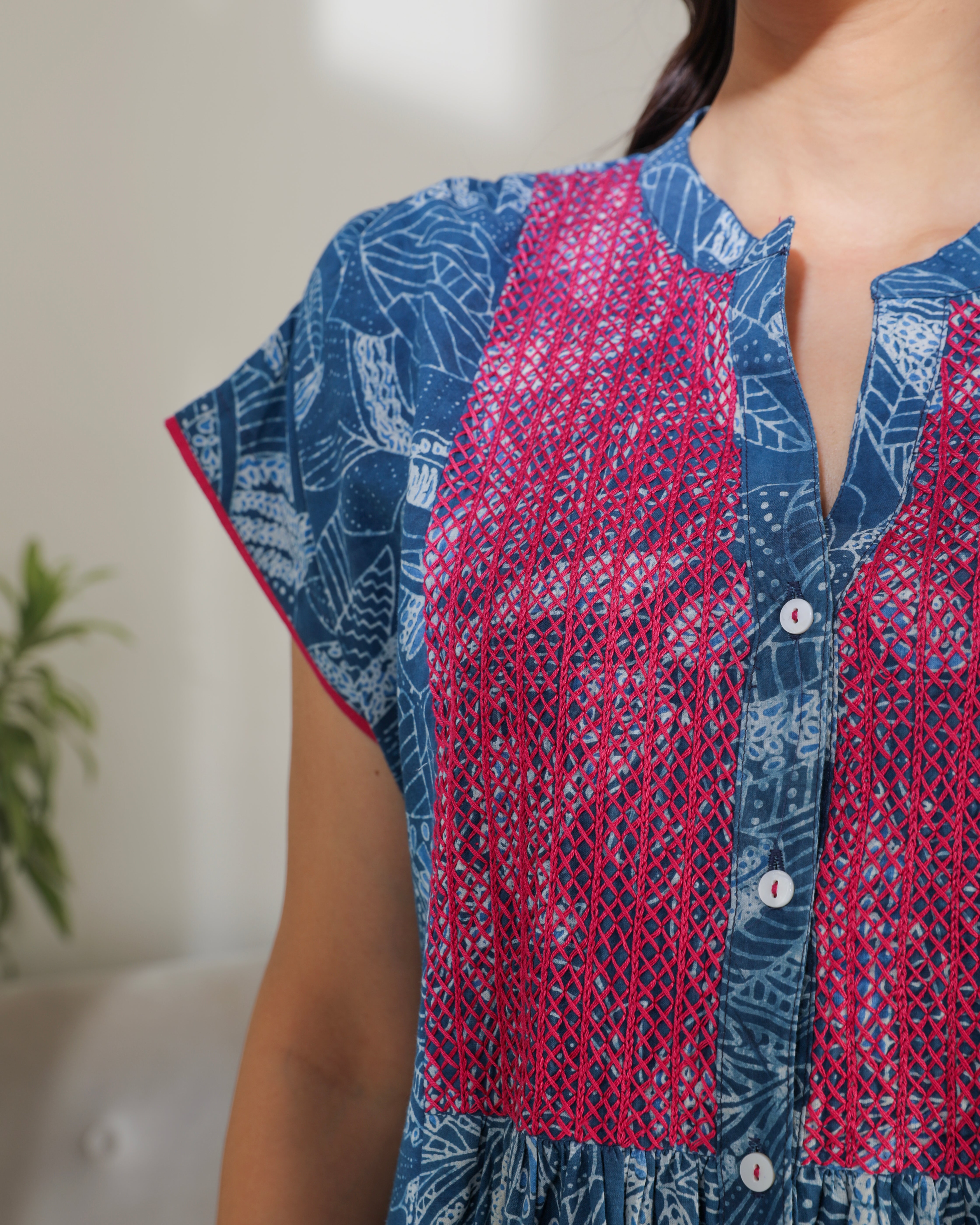 Chaaya Indigo Block Printed Dress With Cap Sleeves