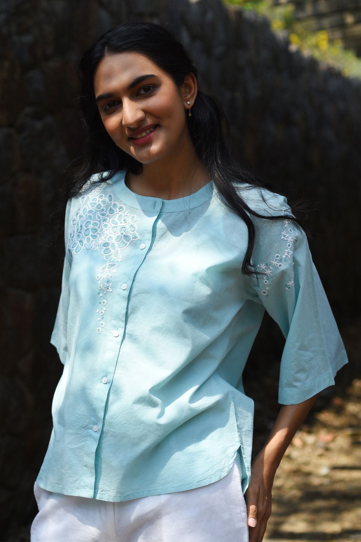 Nargis Blue Kashmiri Crewel Hand Embroidered  Cotton Top