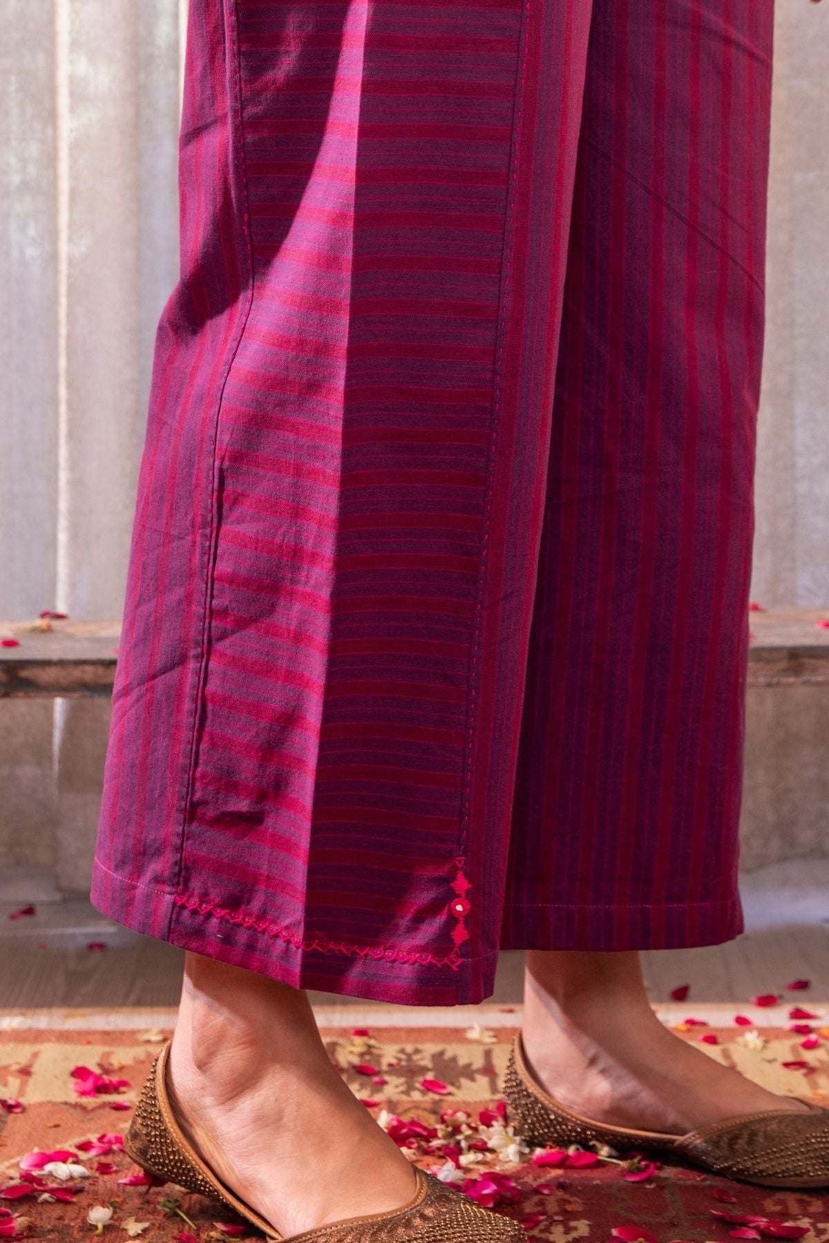 Haveli Soof Violet Striped Handwoven And Hand Embroidered Cotton Palazzo