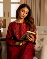 Paheli Maroon Straight-Fit Cotton Kurta With Pakka Hand Embroidery