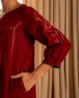 Paheli Maroon Front-Gather Cotton Kurta With Pakka Hand Embroidery