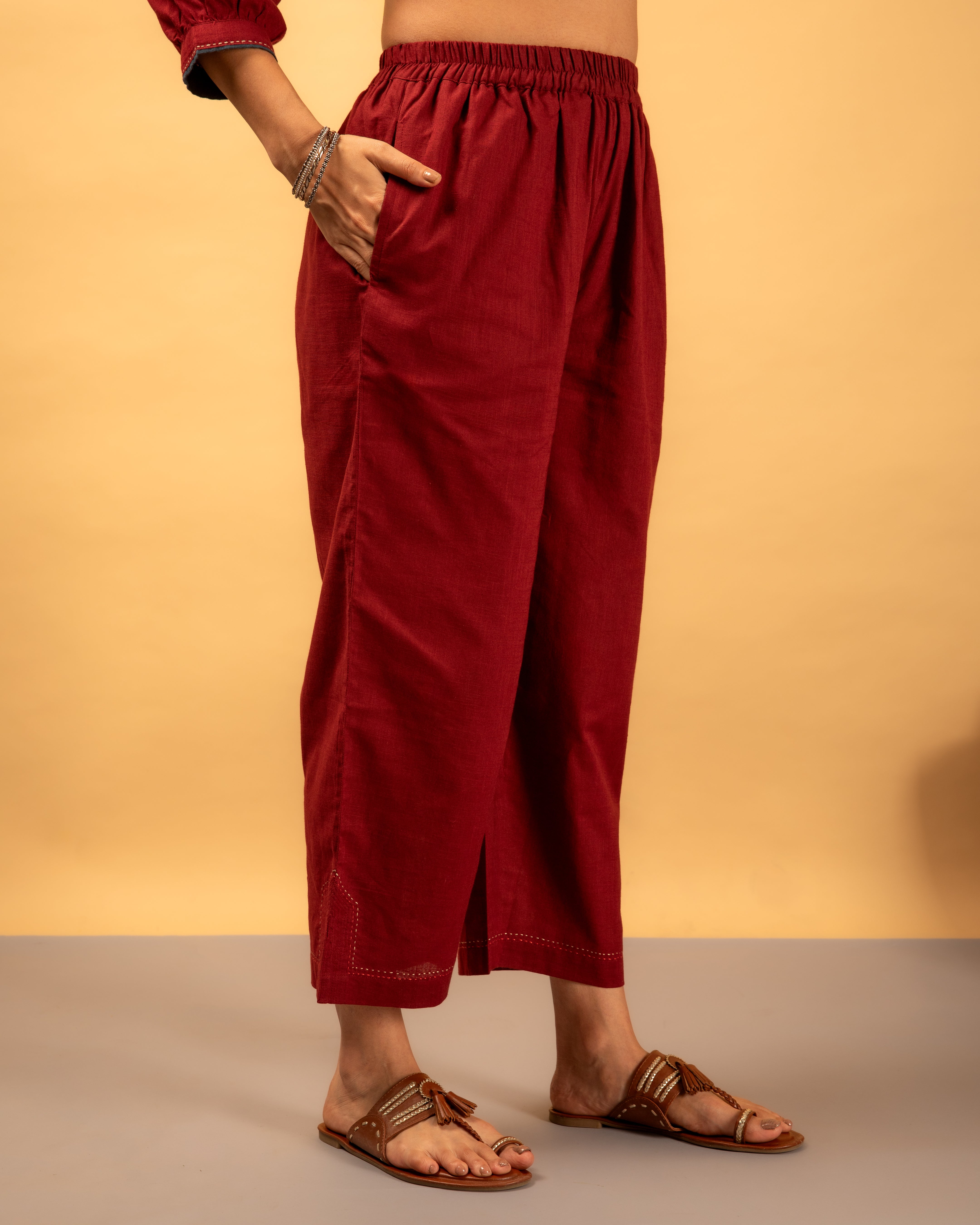 Paheli Maroon Straight-Fit Cotton Pant With Kantha Hand Embroidery