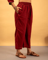 Paheli Maroon Straight-Fit Cotton Pant With Kantha Hand Embroidery