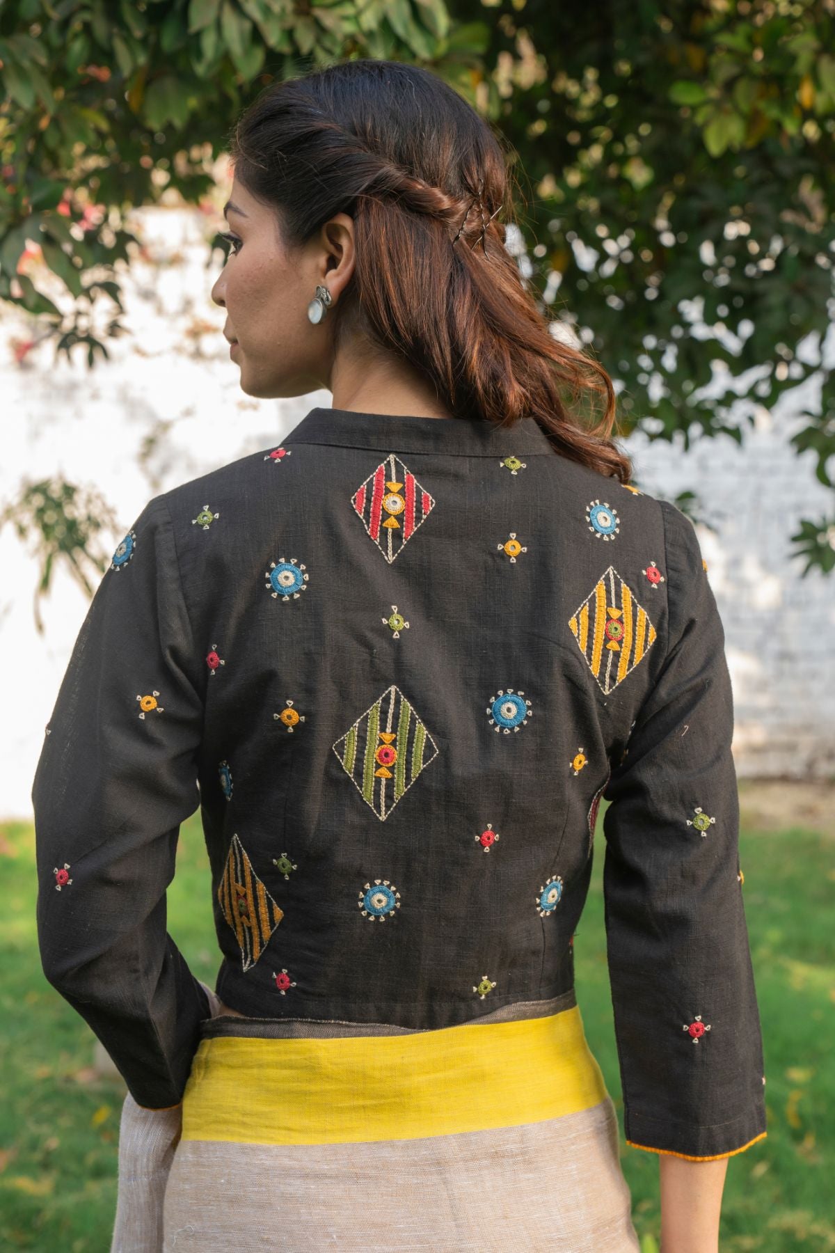 Paheli Black Shirt-Collar Cotton Blouse With Pakka Hand Embroidery