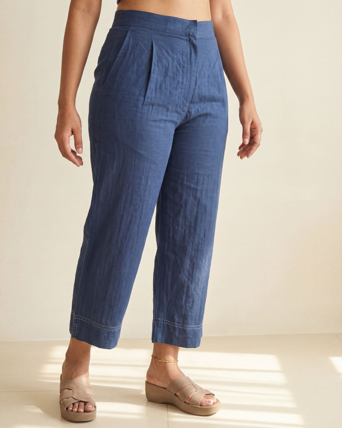 Dhwani Blue Straight-Fit Cotton Pants With Dessert Hand Embroidery