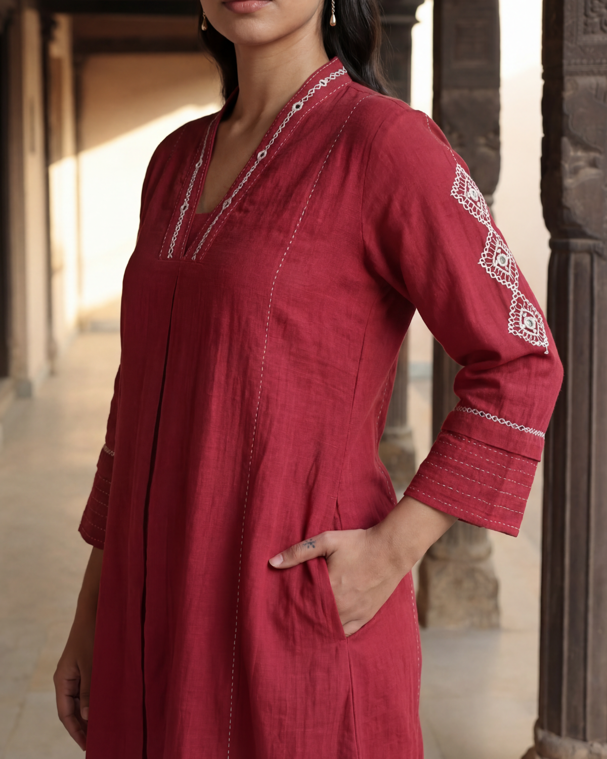 Dhwani Red A-Line Cotton Kurta With Desert Hand Embroidery