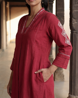 Dhwani Red A-Line Cotton Kurta With Dessert Hand Embroidery