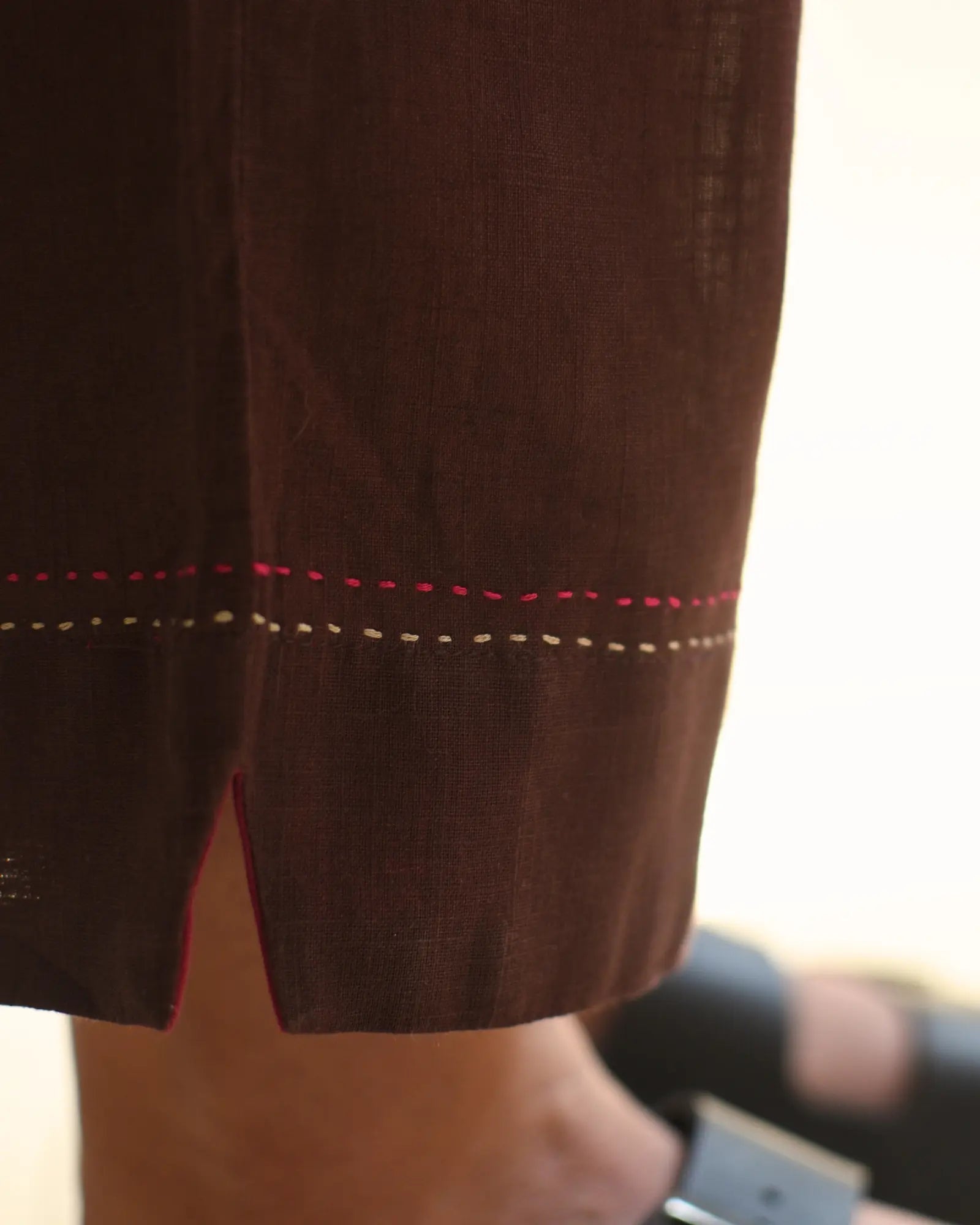 Kaanch Brown Straight-Fit Cotton Pant With Kantha Hand Embroidery - 🚚 Pre-Order: Ships in 2 weeks.