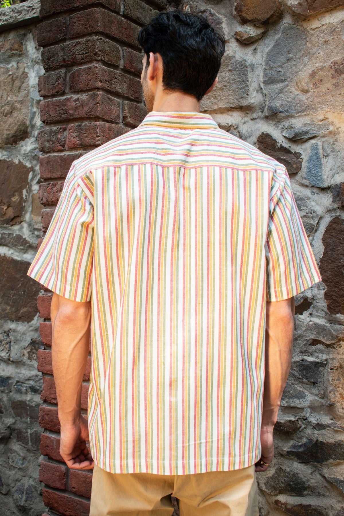 Dhaari Multi Color Striped Handwoven Half Sleeve Pure Cotton Shirt