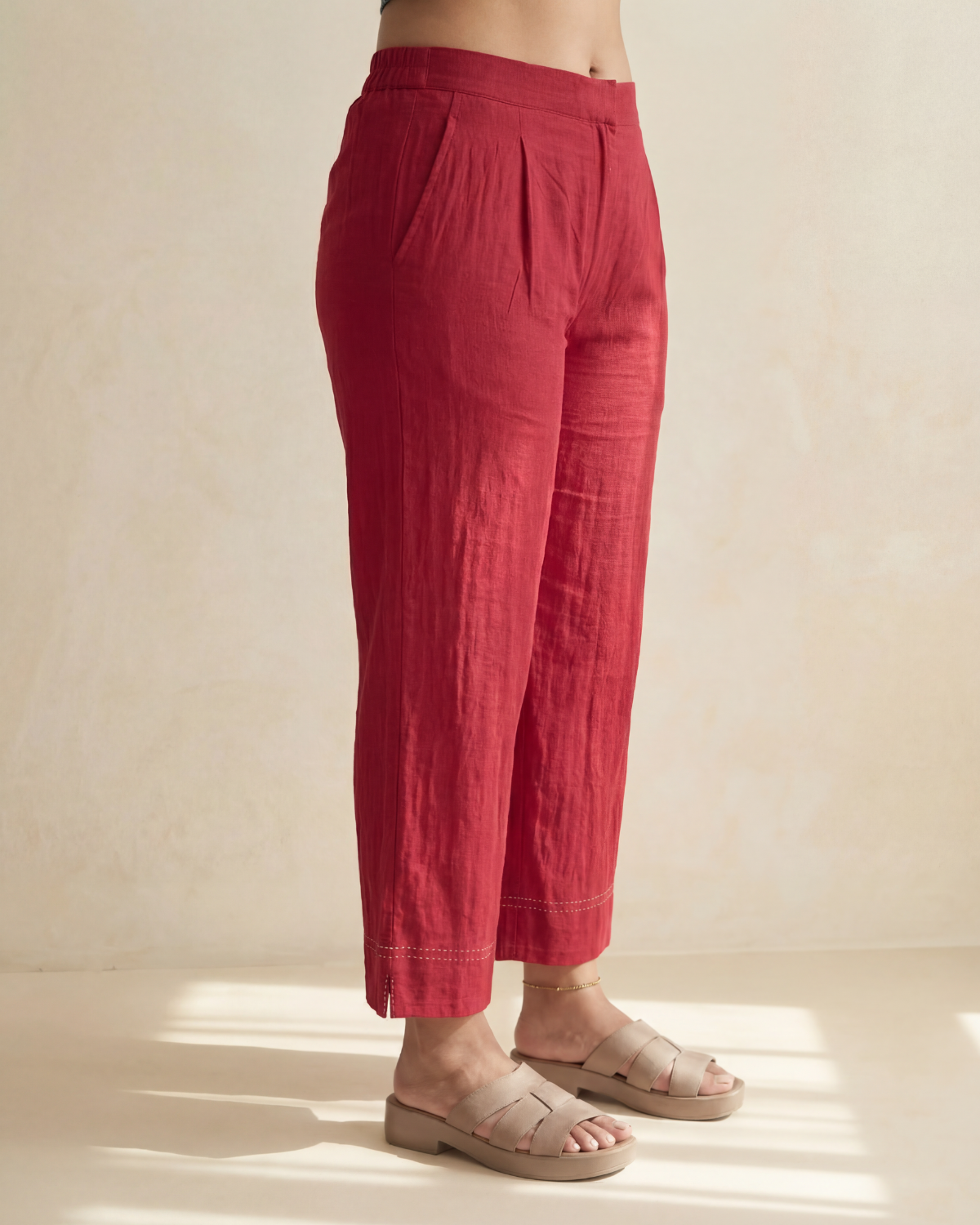 Dhwani Red Straight-Fit Cotton Pants With Dessert Hand Embroidery
