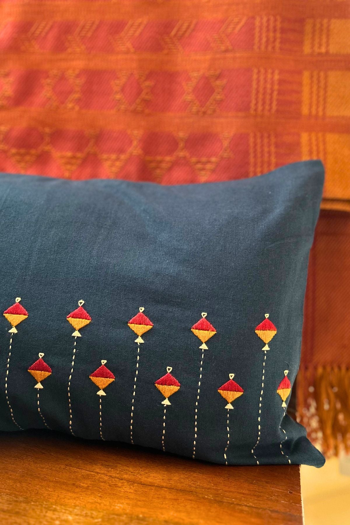 Eshna Blue Rectangular Cushion Cover with Soof Hand Embroidery