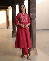 Dhwani Red Kalidaar Cotton Kurta With Dessert Hand Embroidery