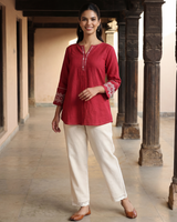 Dhwani Red Cotton Top With Dessert Hand Embroidery