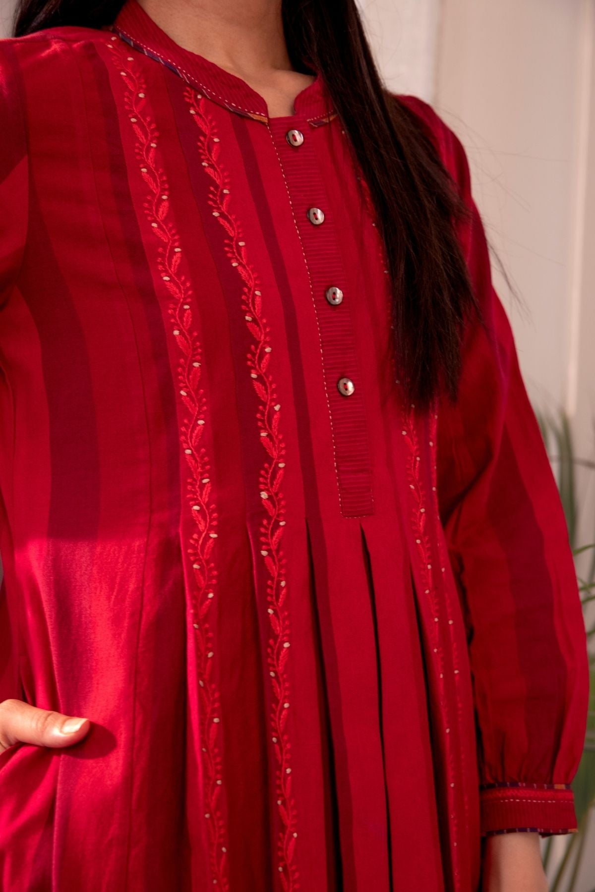 Haveli Chikankari Red Handwoven Cotton Pleated Dress