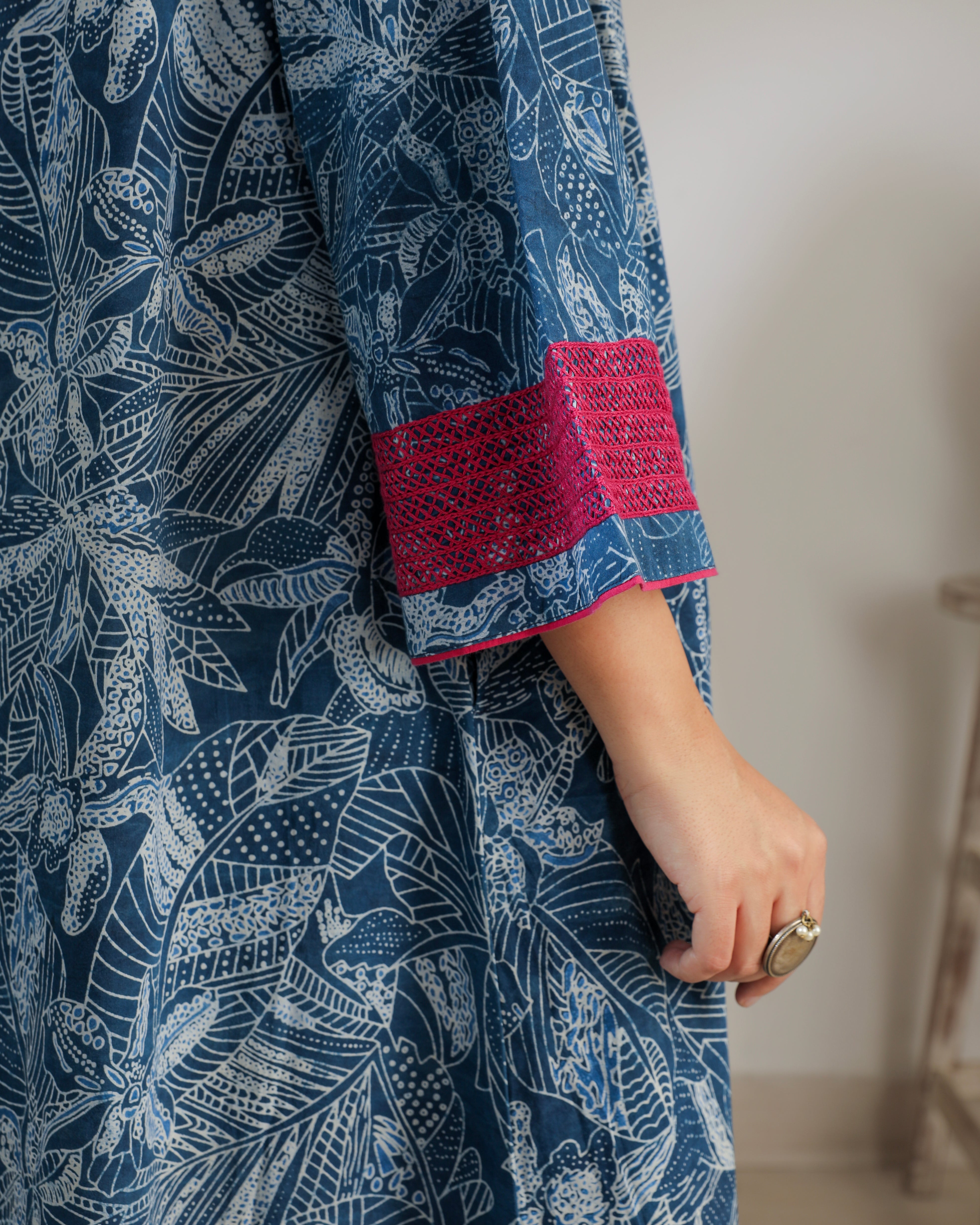 Chaaya Indigo Block Printed Dress With Flared Sleeves