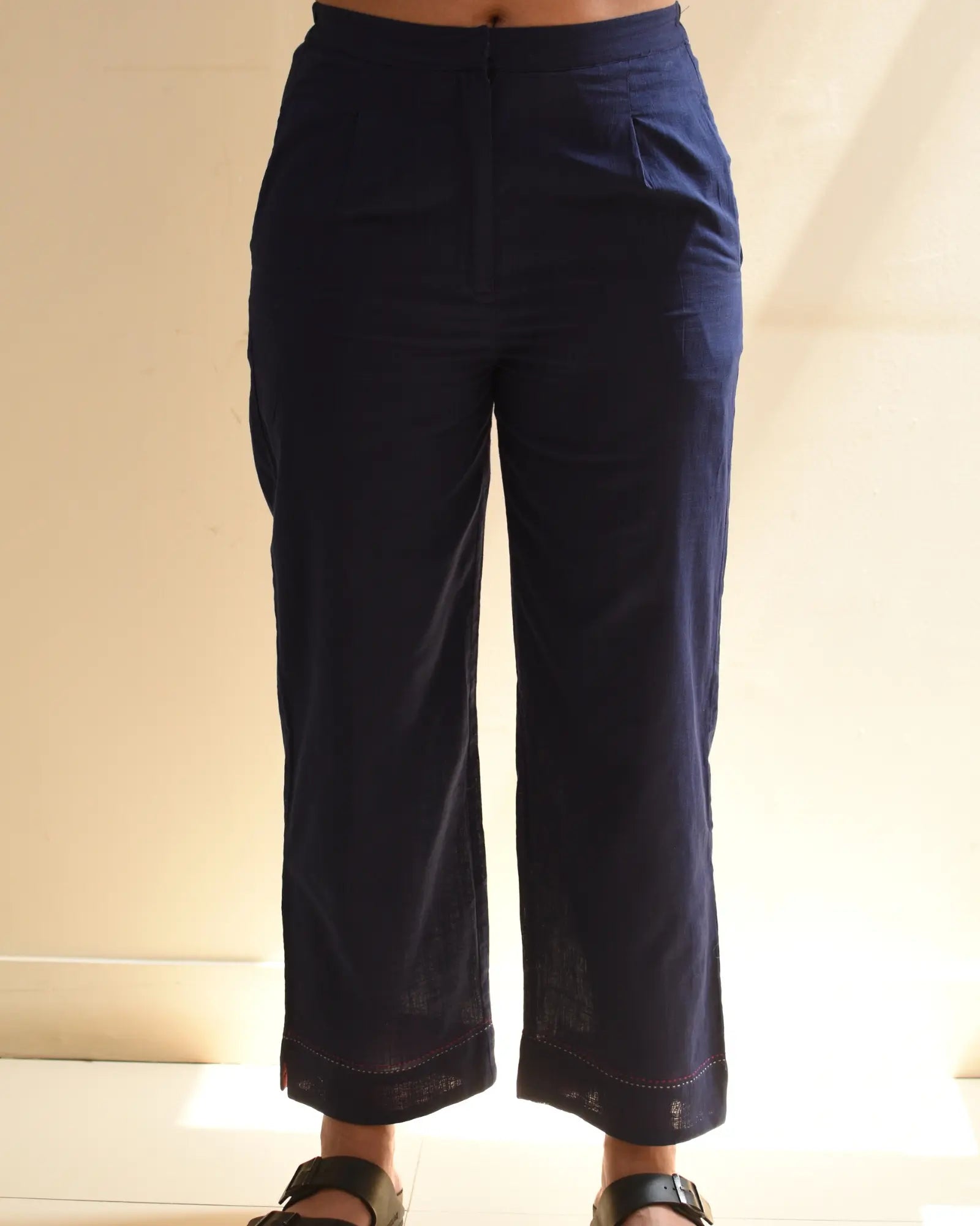 Kaanch Blue Straight-Fit Cotton Pant With Kantha Hand Embroidery - 🚚 Pre-Order: Ships in 2 weeks.