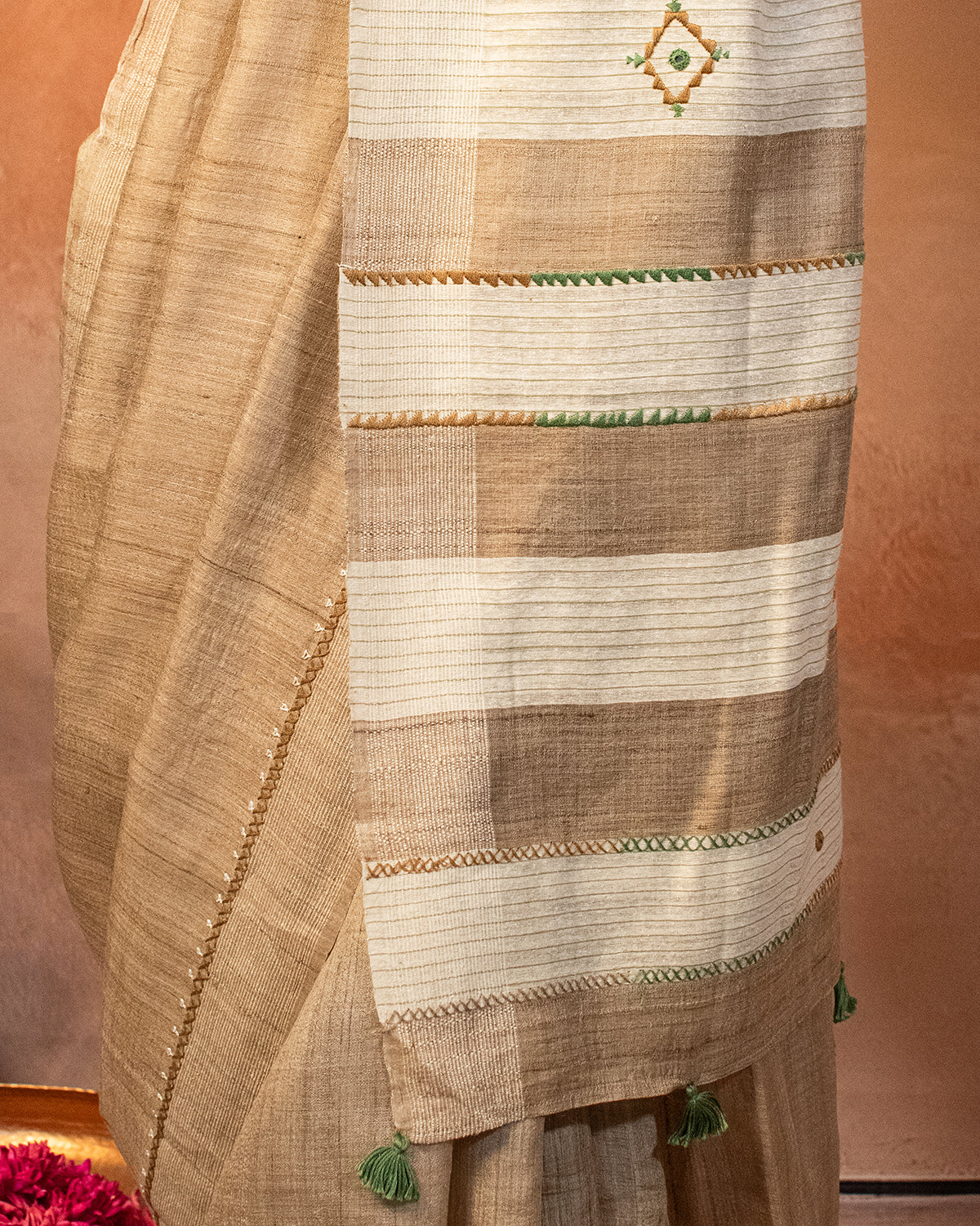 Beige Tussar Saree with Soof Hand Embroidery
