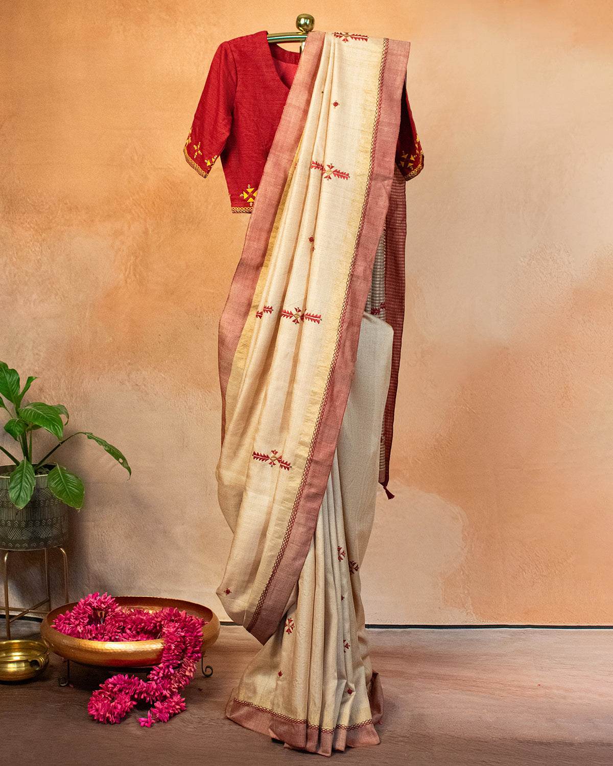 Badami Tussar Saree with Soof Hand Embroidery