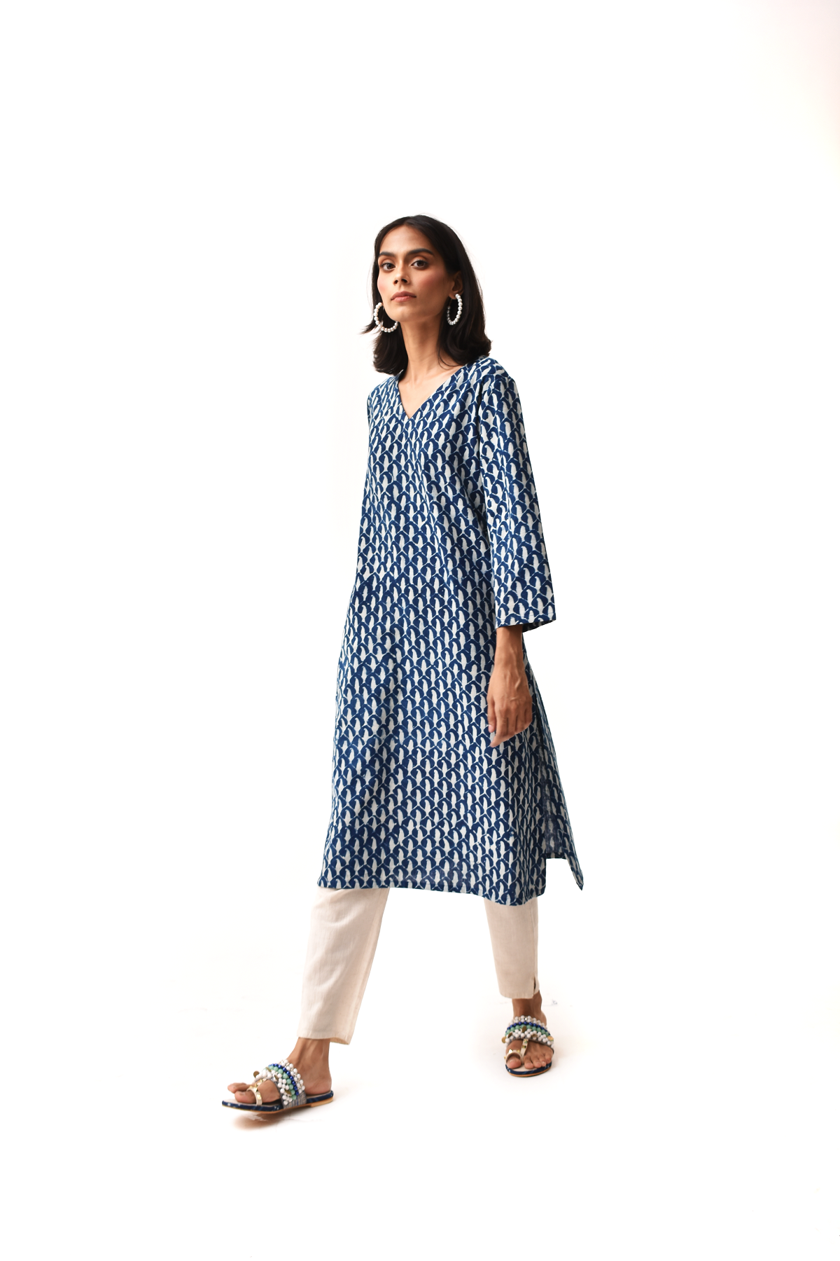 Indigo Three Quarter Sleeves V-Neck Women's Kurta