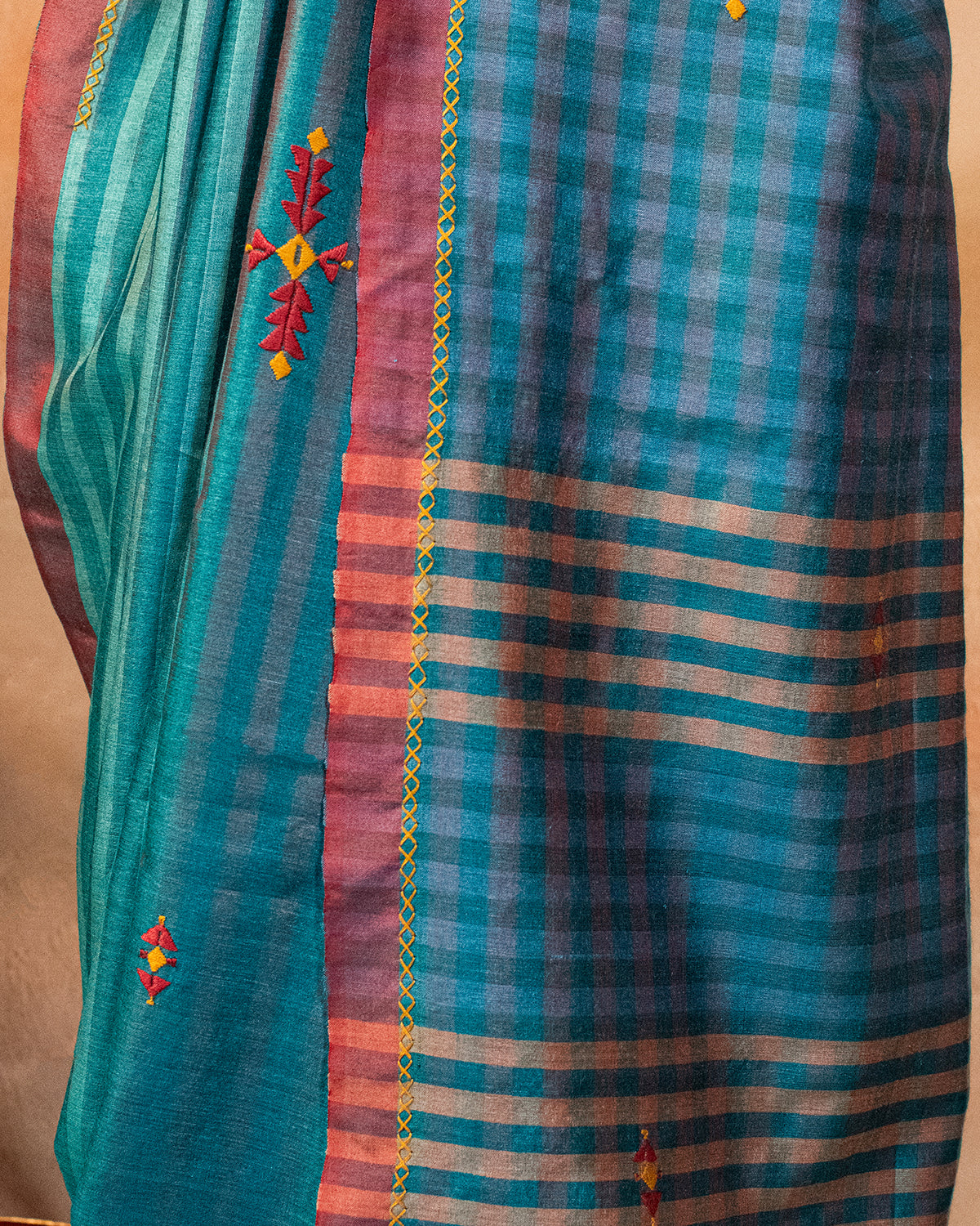 Teal Tussar Saree with Soof Hand Embroidery