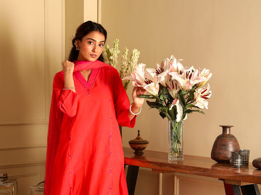 Aashvi Coral V-Neck Mangalgiri Cotton Kurta With Desert Hand Embroidery