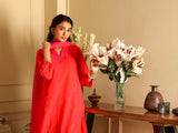 Aashvi Coral V-Neck Mangalgiri Cotton Kurta With Desert Hand Embroidery
