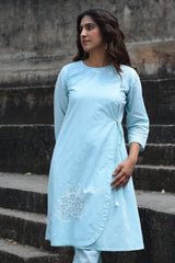 Nargis Blue Kashmiri Crewel Hand Embroidered Cotton Angrakha Kurta